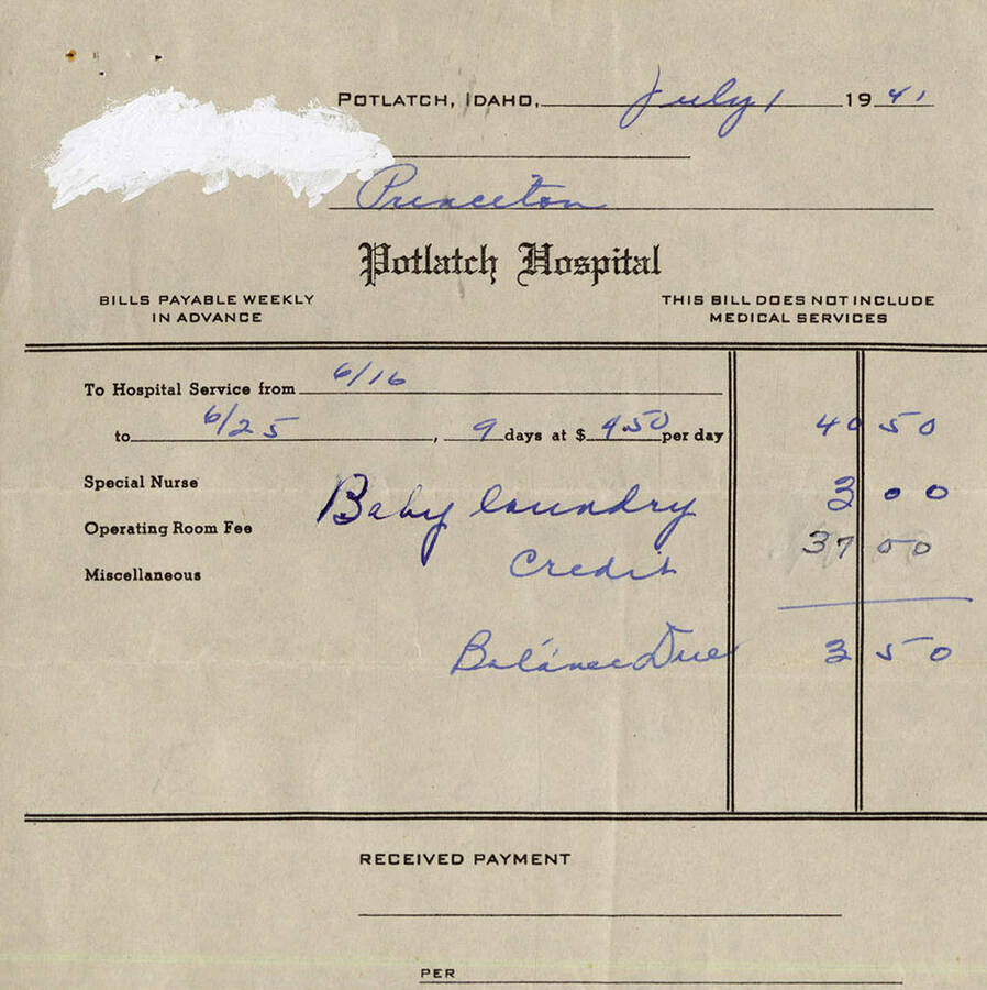A bill from Potlatch Hospital that does not include medical services, just the cost of the special nurse, an operating room fee, and miscellaneous charges.