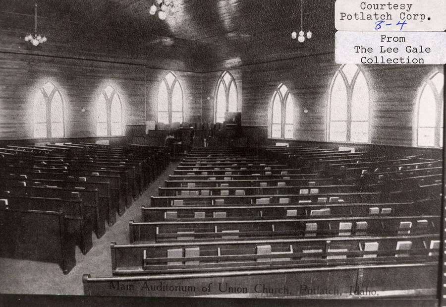 A photograph of the main auditorium in the Union Church in Potlatch, Idaho. Courtesy of the Potlatch Corporation from The Lee Gale Collection