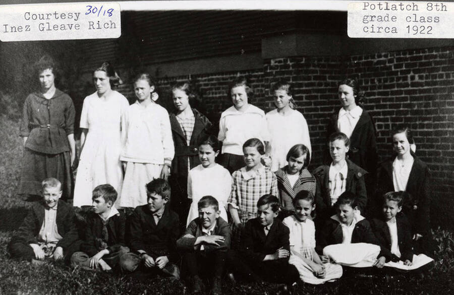 A photograph of an 8th grade class from Potlatch, Idaho. Circa 1922 courtesy of Inez Gleave Rich