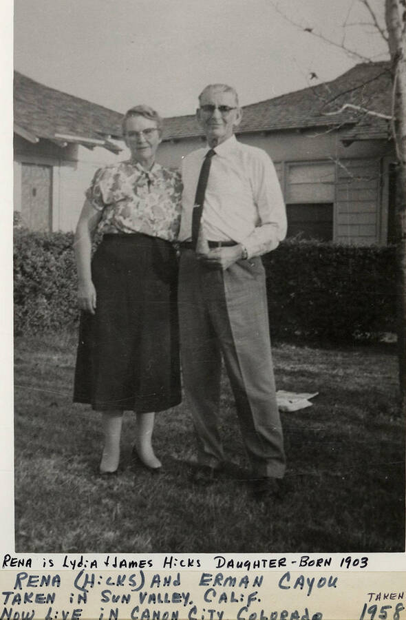 A photograph of Rena (Hicks) and Erman Cayou taken in Dun Valley, California, in 1958.  Rena, born in 1903, is Lydia and James Hicks' daughter.