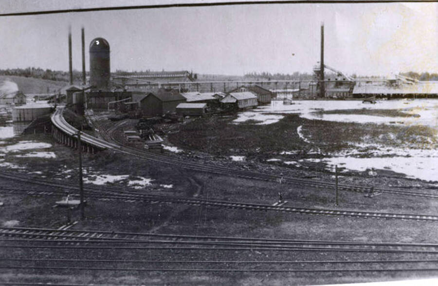 A photograph of the sawmill and train tracks in Potlatch, Idaho.