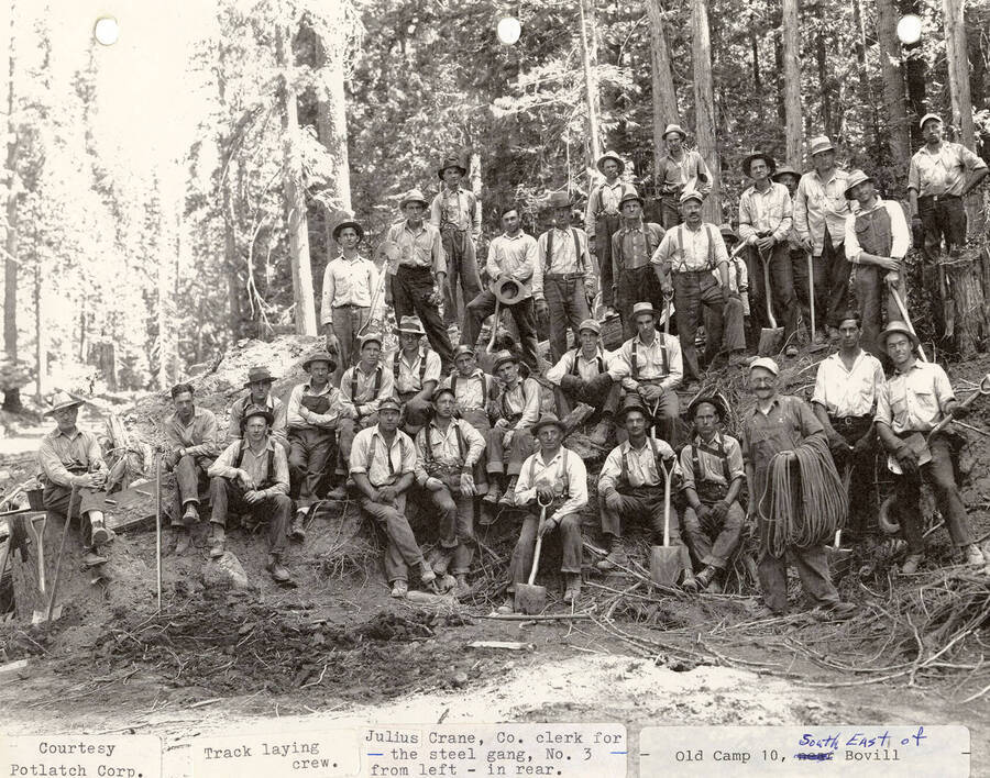 Group photo of the track laying crew at the old Camp 10, which is located southeast of Bovill. Julius Crane, the company clerk for the steel gang, can be seen standing in the back, the third from the left.