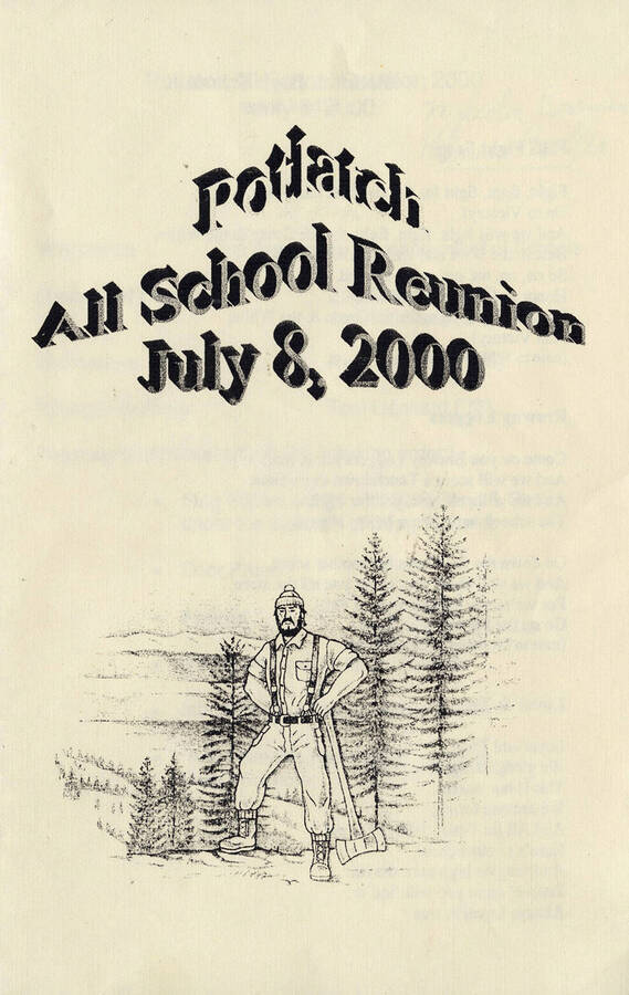 A photograph of a title page for the Potlatch All School Reunion of July 8, 2000.