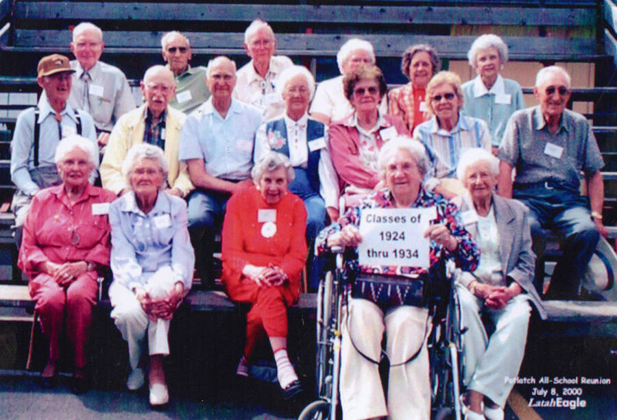 A photograph of individuals from Potlatch High School's classes of 1924-1935 at the Potlatch All School Reunion.