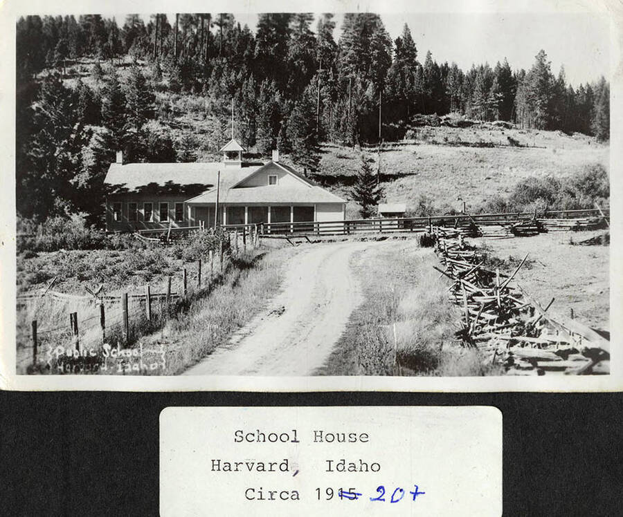 A photograph of the school house in Harvard, Idaho.