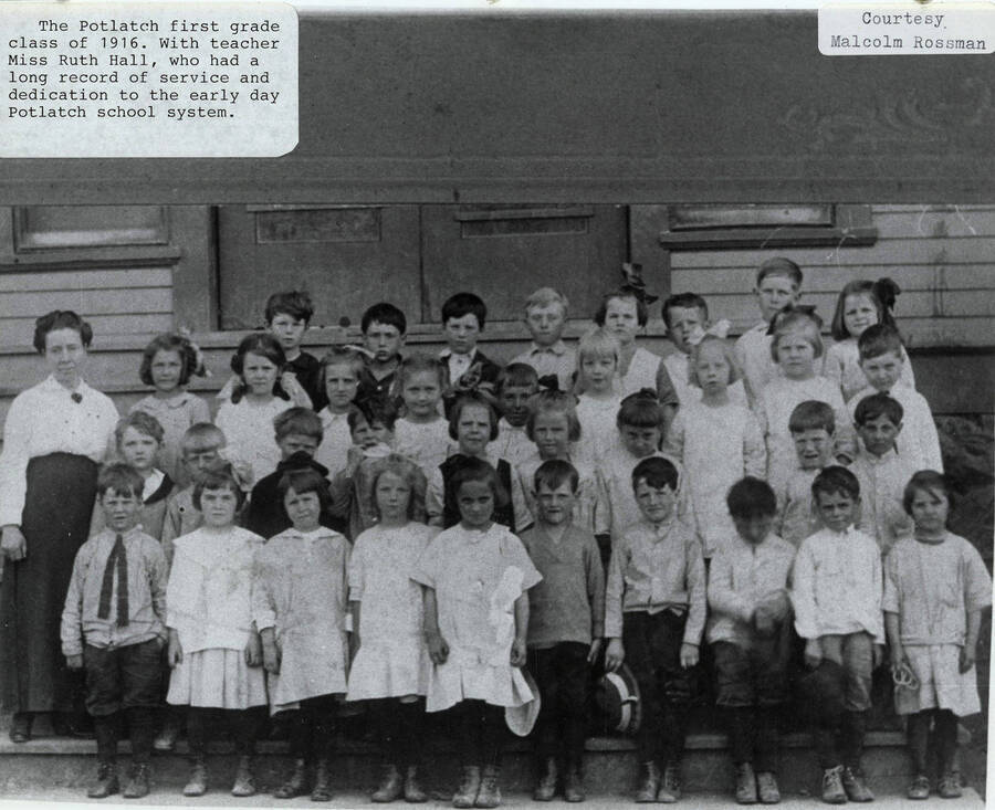 A photograph of the Potlatch first grade class with their teacher Miss Ruth Hall. Hall dedicated a lot of service to the school system in the early days.