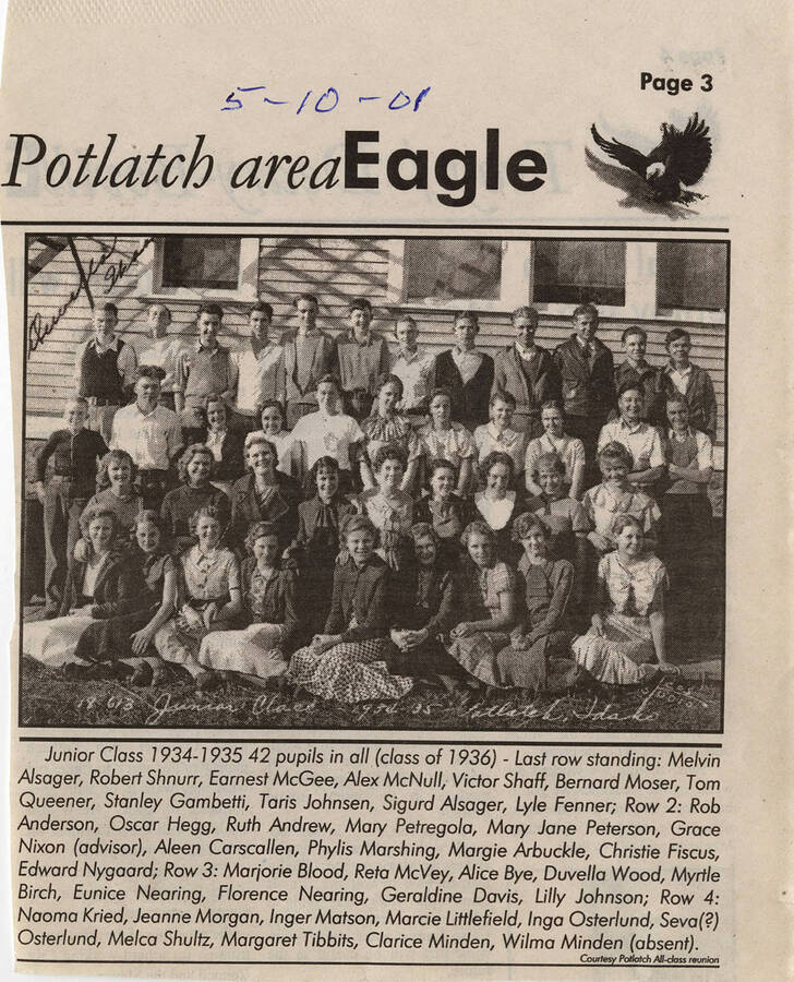 A photograph from a newspaper of the Potlatch High School class of 1936 in their junior year with a list of names.