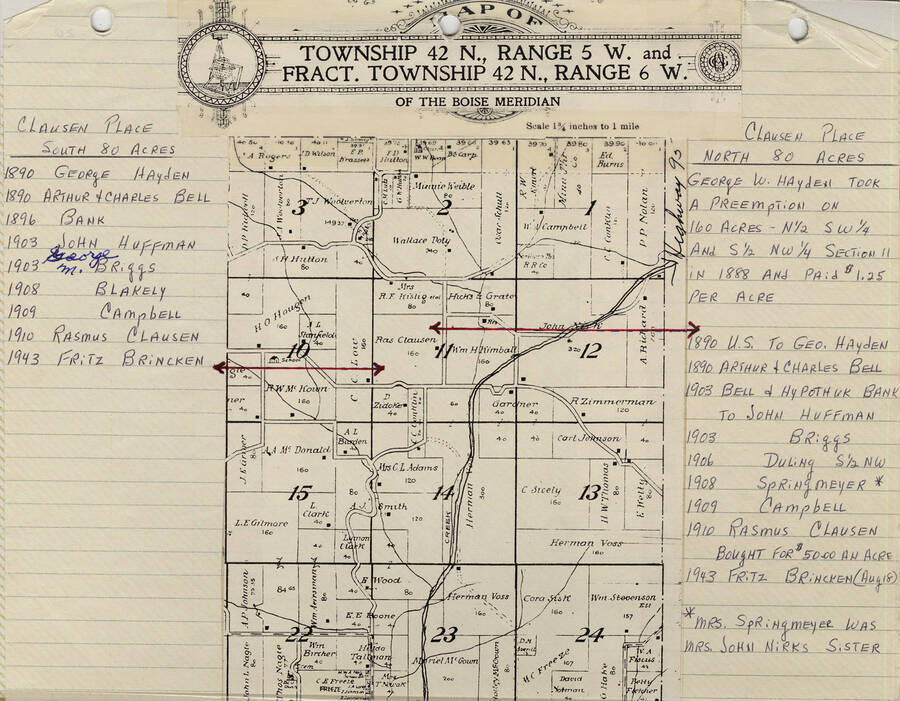 Map of Township 42 N., Range 5 W. and Fract. Township 42 N., Range 6 W. of the Boise Maridian. Clausen place 20 acres and Clausen Place North 80 acres.  Scale is 1 3/4 inches to 1 mile.