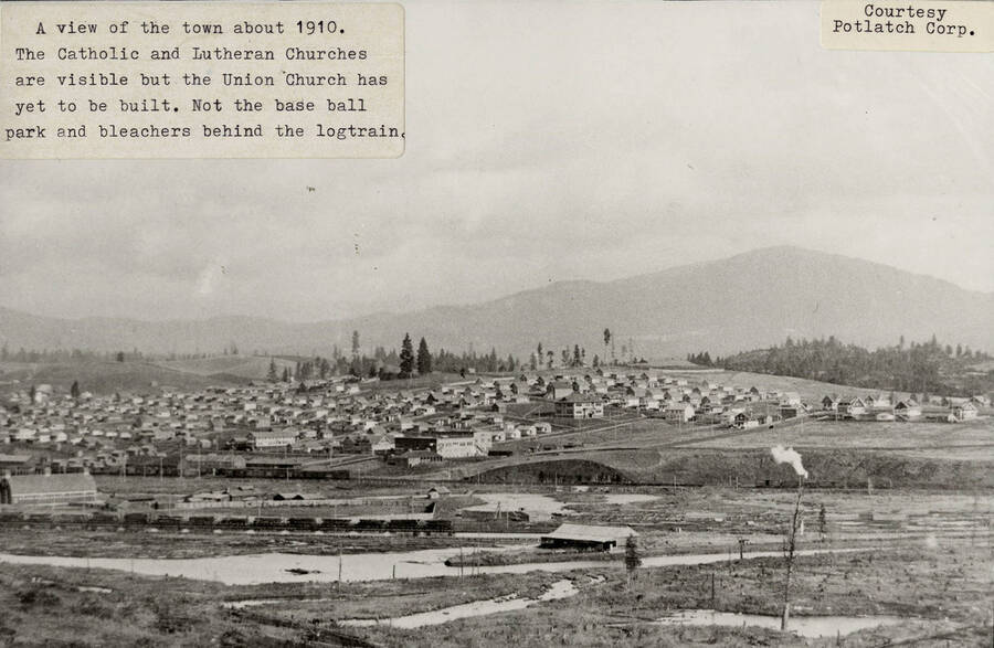 A photograph of Potlatch, Idaho in 1910 after the Catholic and Lutheran Churches had been constructed.