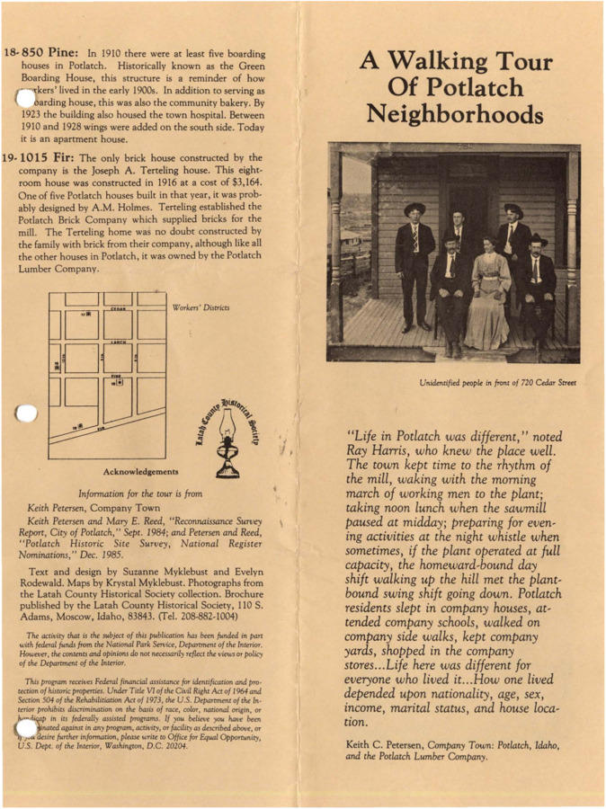 A brochure for a walking tour of Potlatch neighborhoods with the history of all the buildings on the tour.