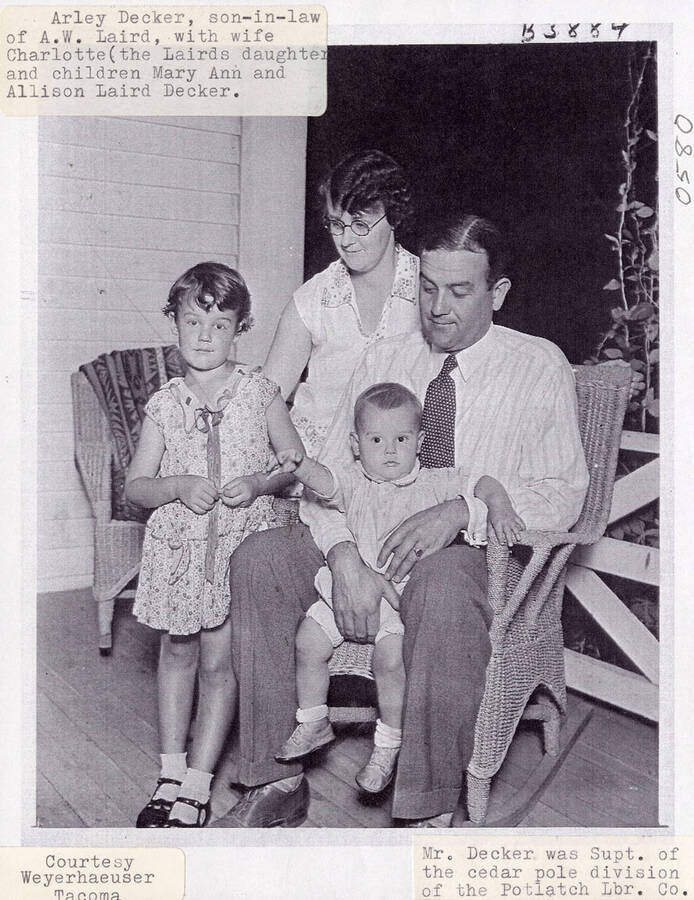 A photograph of Potlatch Lumber Company's supt. of the cedar pole division, Arley Decker with his wife Charlotte (A.W. Laird's daughter) and children Mary Ann and Allison Laird Decker.