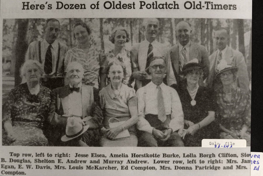 A photograph of a dozen of the oldest Potlatch Old-Timers.