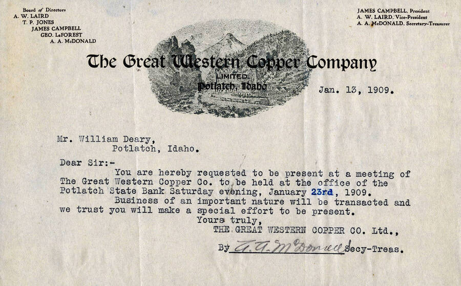 A letter to William Deary from A.A. McDonald the Great Western Copper Company asking him to attend a meeting on January 23, 1909.