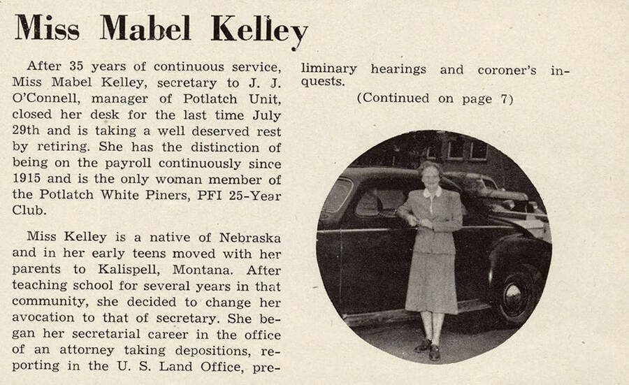A photograph and article announcing the retirement of Miss Mabel Kelley a long time office secretary of the Potlatch Lumber Company.