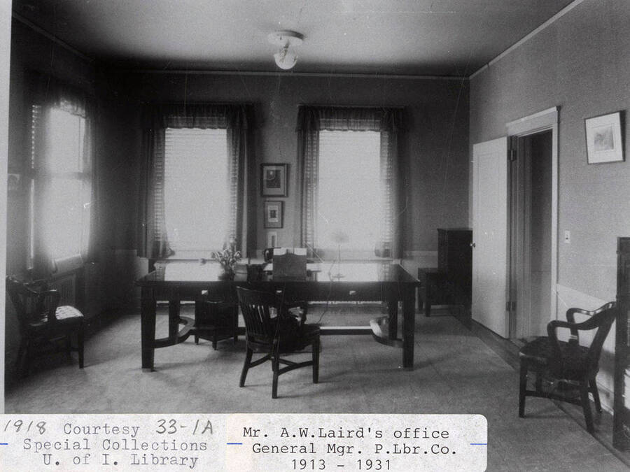 A photograph of Mr. A.W. Laird's office. He was the general manager of the Potlatch Lumber Company from 1913-1931.