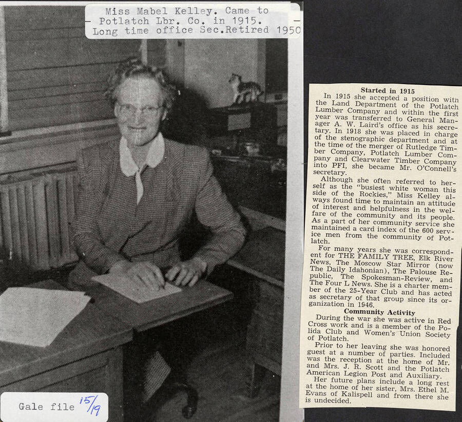 A photograph and article about Miss Mabel Kelley a long time office secretary of the Potlatch Lumber Company.