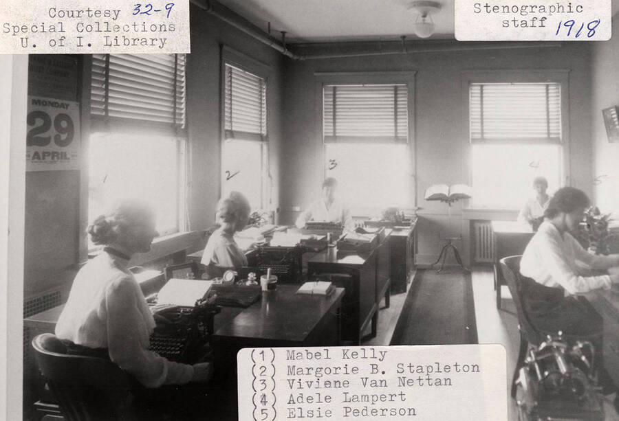 A photograph of the stenographic staff: Mabel Kelly, Margorie B. Stapleton, Viviene Van Nettan, Adele Lampert, and Elsie Pederson.