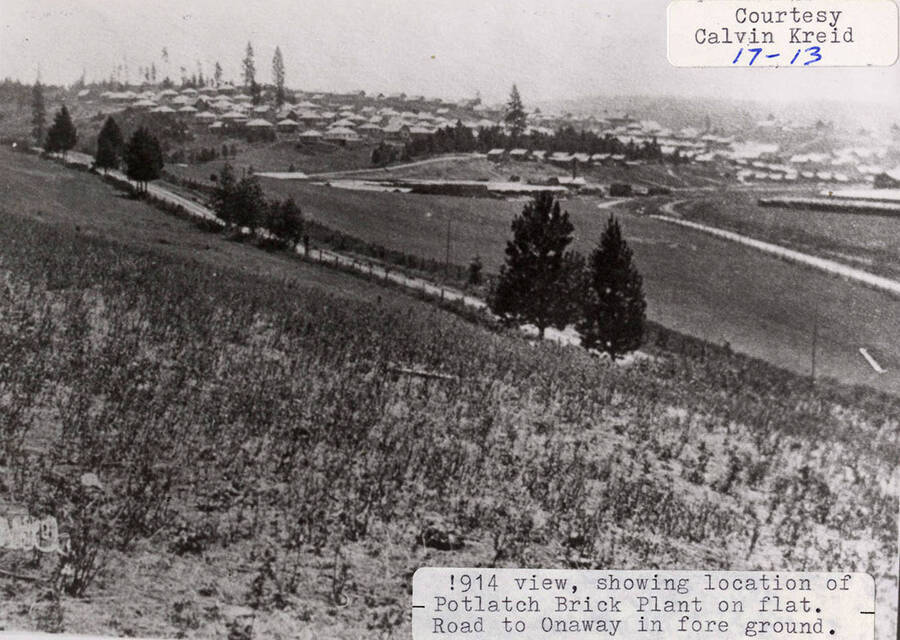 A photograph of the location of the Potlatch Brick Plant on a flat. The road to Onaway is in the foreground.
