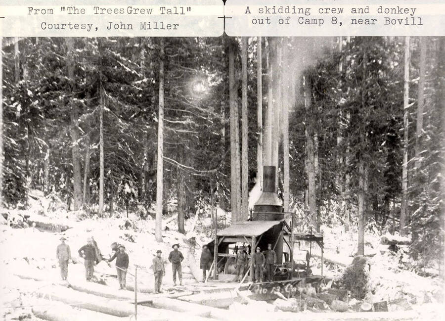 View of the skidding crew standing around the steam donkey at Camp 8, which is located near Bovill, Idaho.