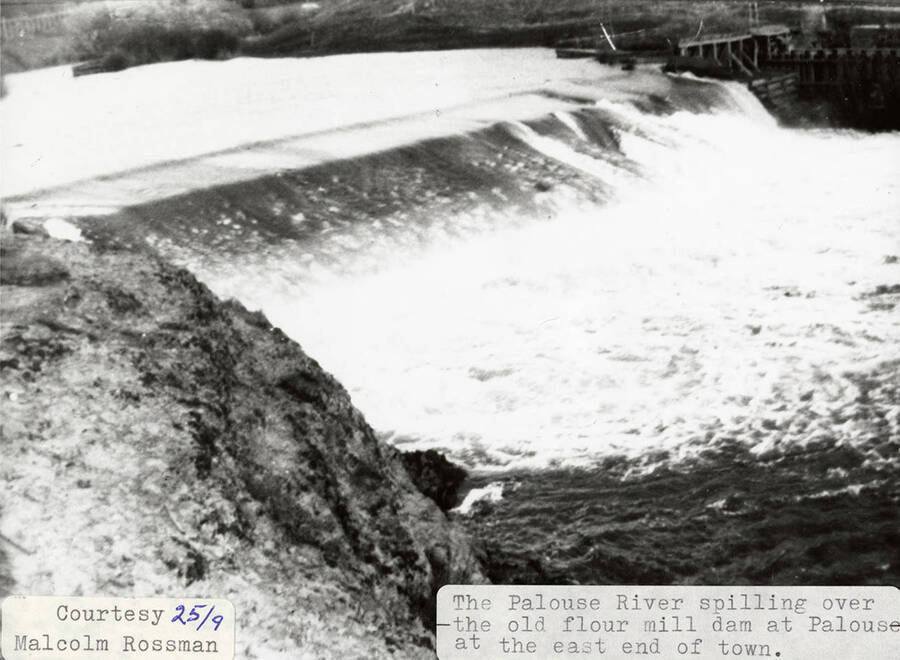 A photograph of the Palouse River flowing over the old flour mill dam at the east end of town.