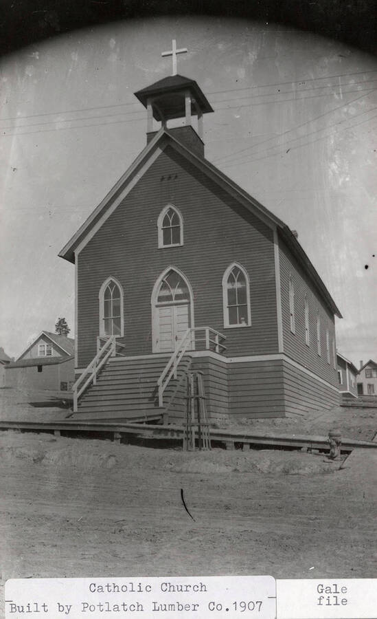 A photograph of the Catholic Church built by the Potlatch Lumber Company in 1907.
