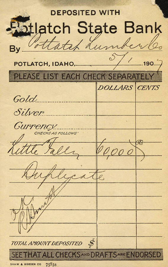 A deposit slip from the Potlatch State Bank for $60,000.