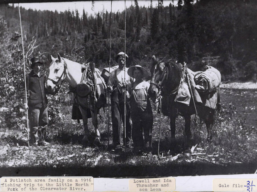 A photograph of Lowell and Ida Thrasher with son Leon on a 1916 fishing trip to the Little North Fork of the Clearwater River.