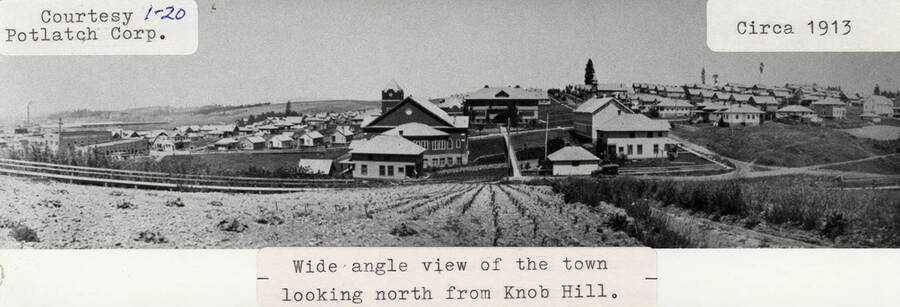 1913 photograph of the town of Potlatch, looking north from Knob Hill.