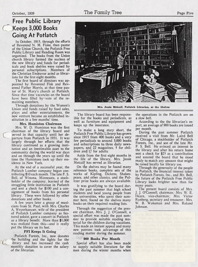 A newspaper article from The Family Tree about the Potlatch Free Public Library and Reading Room and it's founders, the books, and chairman of the library board Mrs. W.D. Humiston.