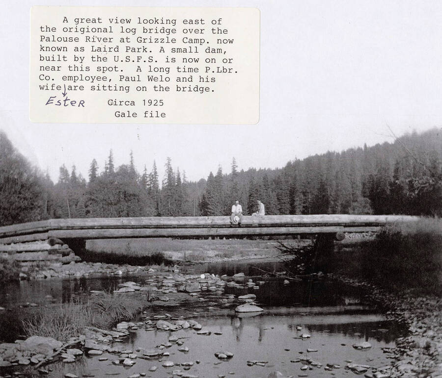 A photograph of 'a great view looking east of the original log bridge over the Palouse River at Grizzle Camp. Now known as Laird Park. A small dam, built by the U.S.F.S. is now on or near this spot. A long time Potlatch Lumber Company Employee, Paul Welo and his wife Ester are sitting on the bridge.