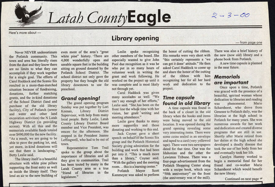 Continuation of the front page article, including three more columns, one about the grand opening, another about time capsules in the library, and the last about a memorial for r a former librarian.