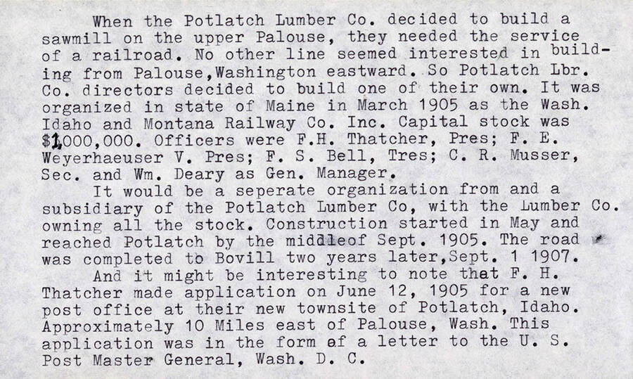 Document outlining the history of Potlatch Lumber Co and how it was set up.