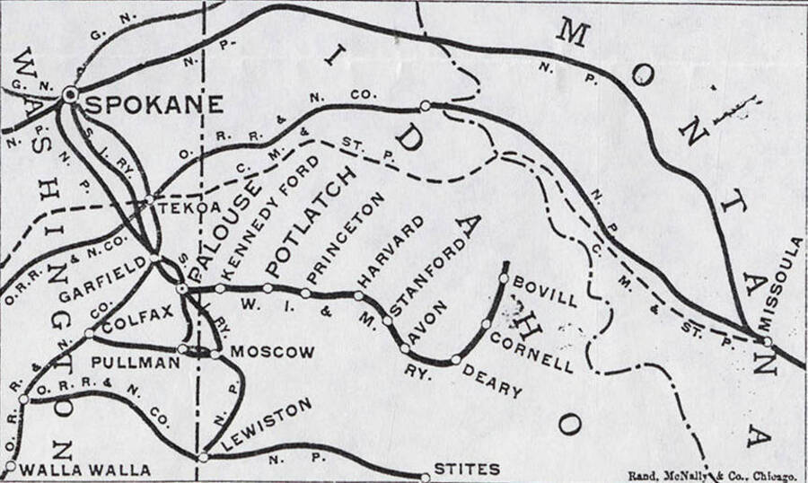 Map showing the stations on the Washington, Idaho, and Montana Railway