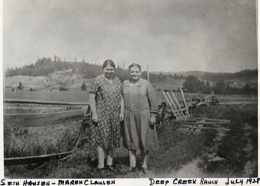 Sein Hansen and Maren Clausen standing in the fields  at Deep Creek Ranch.  Pgotograph taken in July, 1928