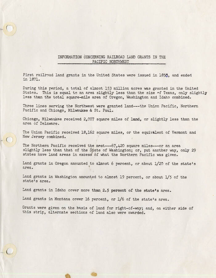 Document explaining information about railroad land grants in the Pacific Northwest.