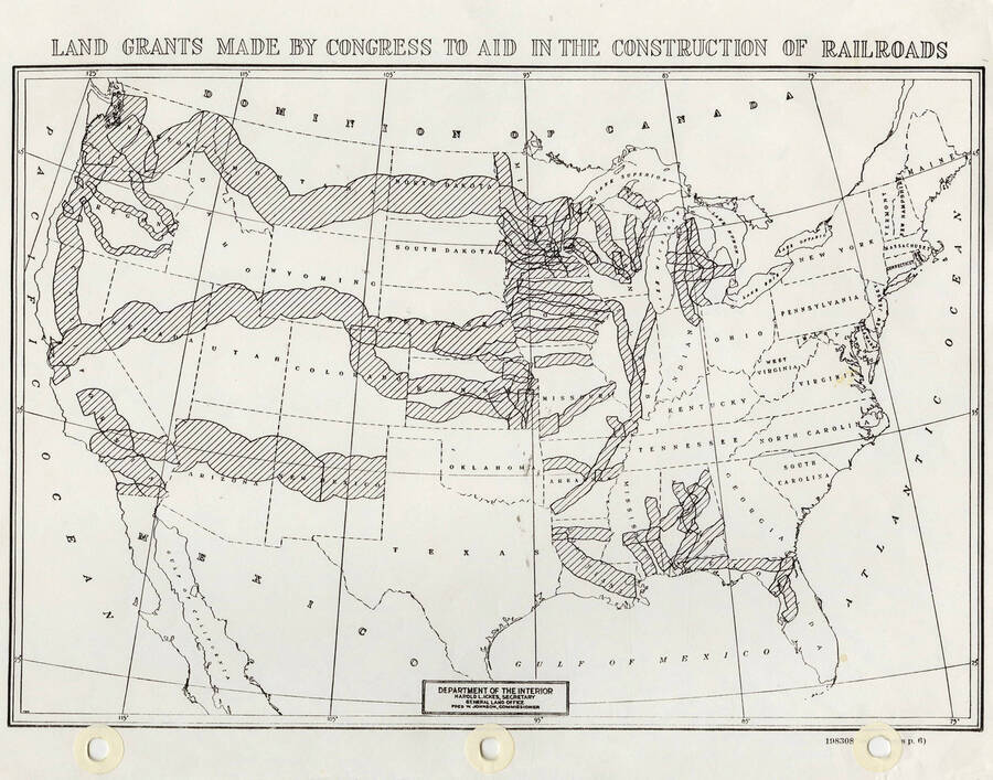 Map showing the land grants that were made by congress in order to aid in the construction of railroads in the United States.
