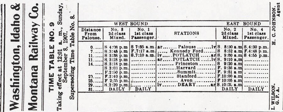 A document outlining the time table for the Washington, Idaho, and Montana Railway Company. It documents what the station is,  how far the station is from Palouse, and when the train is scheduled to arrive and depart.