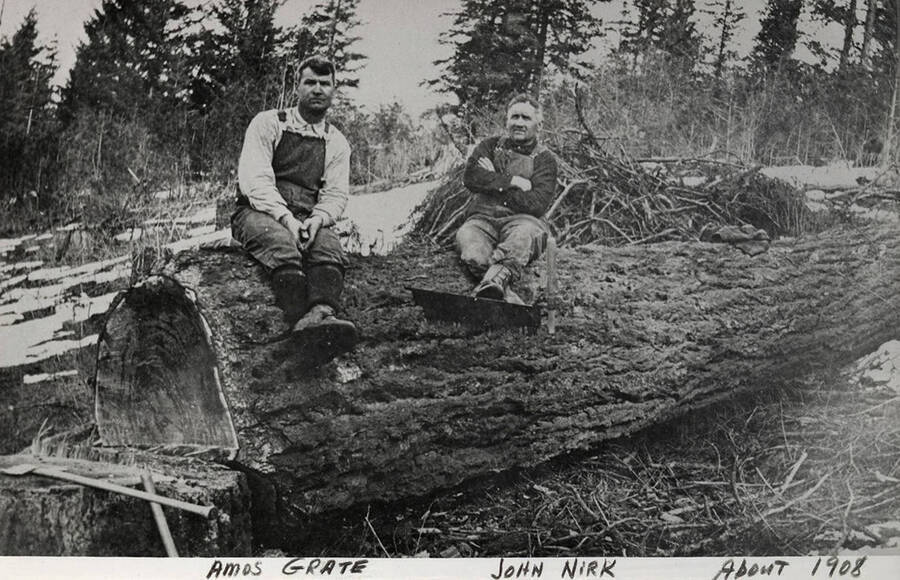 Amos Grate and John Nirk sitting on a large cut tree.
