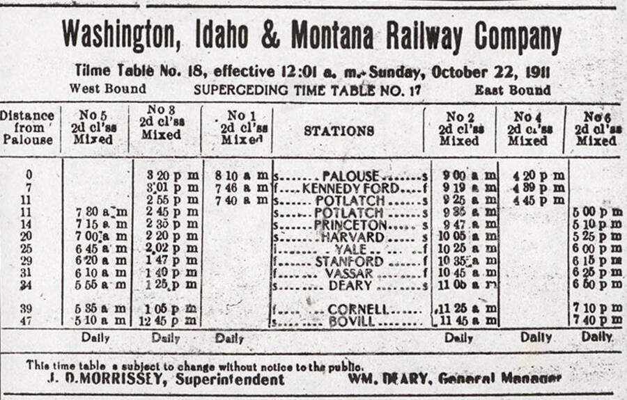 A document outlining the time table for the Washington, Idaho, and Montana Railway Company. It documents what the station is, how far the station is from Palouse, and when the train is scheduled to arrive and depart.