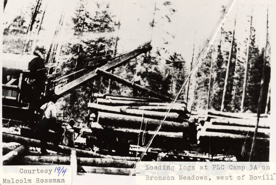 Men using a jammer to load logs onto flat cars at PLC Camp 3A, which is located on Bronson Meadows, just west of Bovill, Idaho.