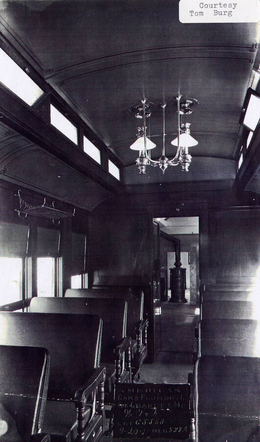 View of the inside of a railroad car built by the American Cars Foundry Company.