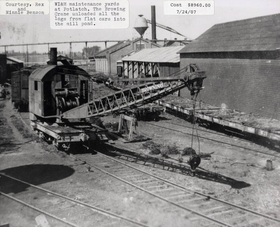 The WI&M maintenance yards at Potlatch. The Browing Crane is unloading all the logs from the flat cars into the mill pond.