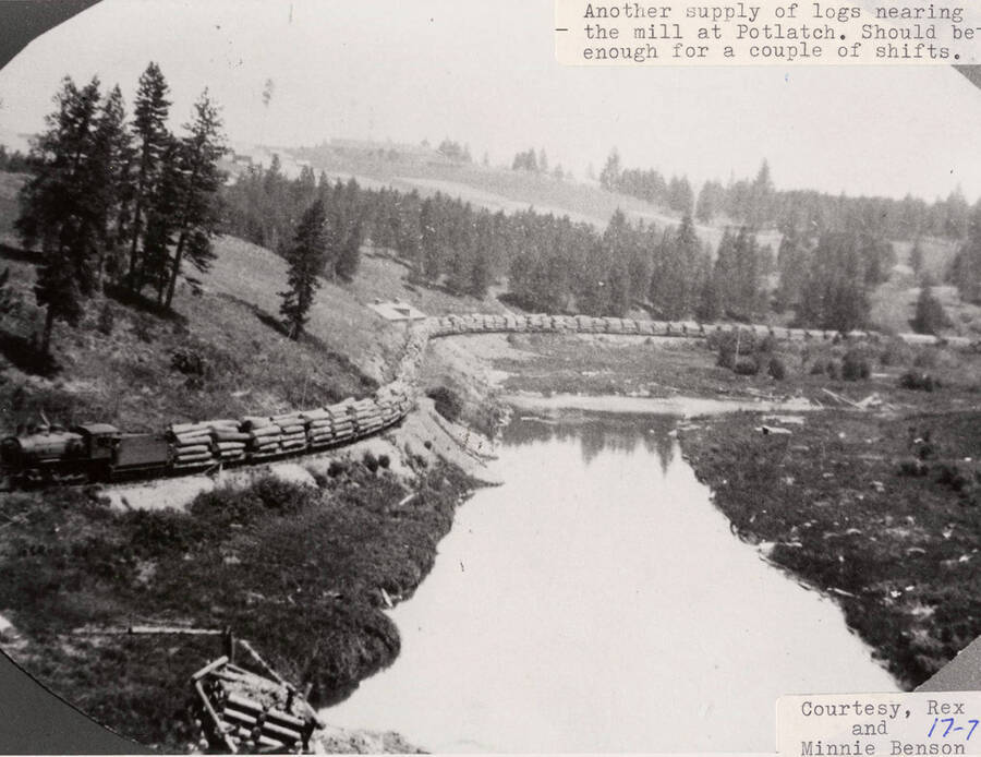 A locomotive pulling stacks of logs on flat cars to the mill at Potlatch. A river can be seen tot eh right of the railroad tracks.