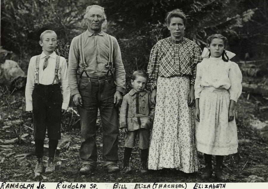 The Zimmer family standing togather.  Randolph Jr., Rudolph Sr., Bill, Eliza (Thachsel), Elizabeth.