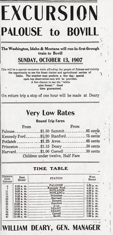 Document announcing the that the WI&M will run its first through train to Bovill. It also specifies that a stop in Deary will be made in Deary. Trip fares and a time table are also provided.