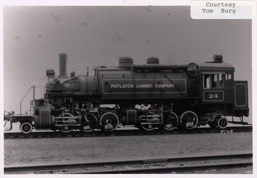 View of a No. 24 locomotive. On the side of the locomotive it says 'Potlatch Lumber Company.