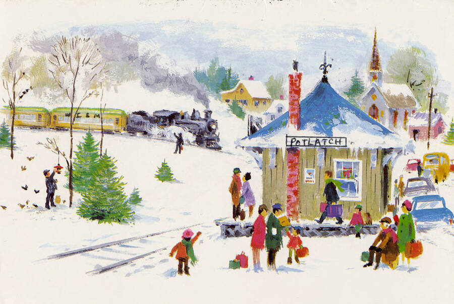 Painting of the depot in Potlatch. Many people can be seen standing around the building holding bags and a train, with 'WI&M' painted on its side, can be seen approaching the depot.