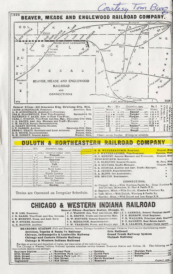 Document talking about three railroad companies. It shows a may of the Beaver, Meade and Englewood Railroad company and the Duluth and Northeastern railroad company section is highlighted.