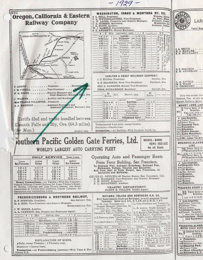 Document talking about three railroad companies. It shows a may of the Oregon, California and Eastern Railway Company and time tables for many of the other railroad companies.