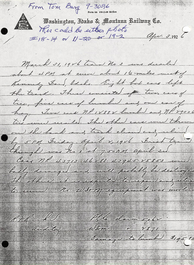 A letter on Washington, Idaho, and Montana Railway Co. stationary.